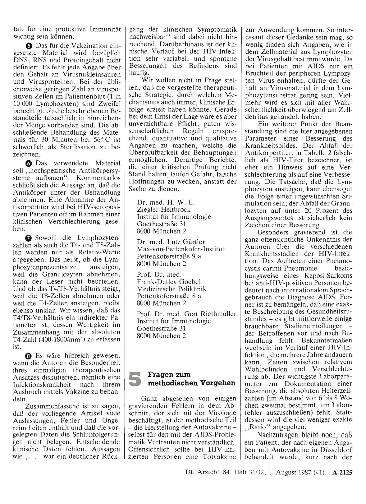Vorschauseite 1: Die Behandlung von AIDSund ARC-Patienten mit einer lymphozytären Autovakzine: 5 Fragen zum methodischen Vorgehen