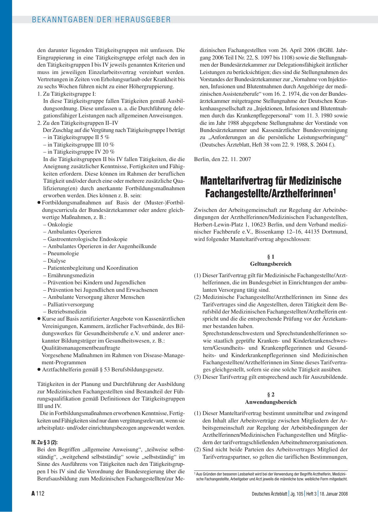Vorschauseite 1: Manteltarifvertrag für Medizinische Fachangestellte/Arzthelferinnen