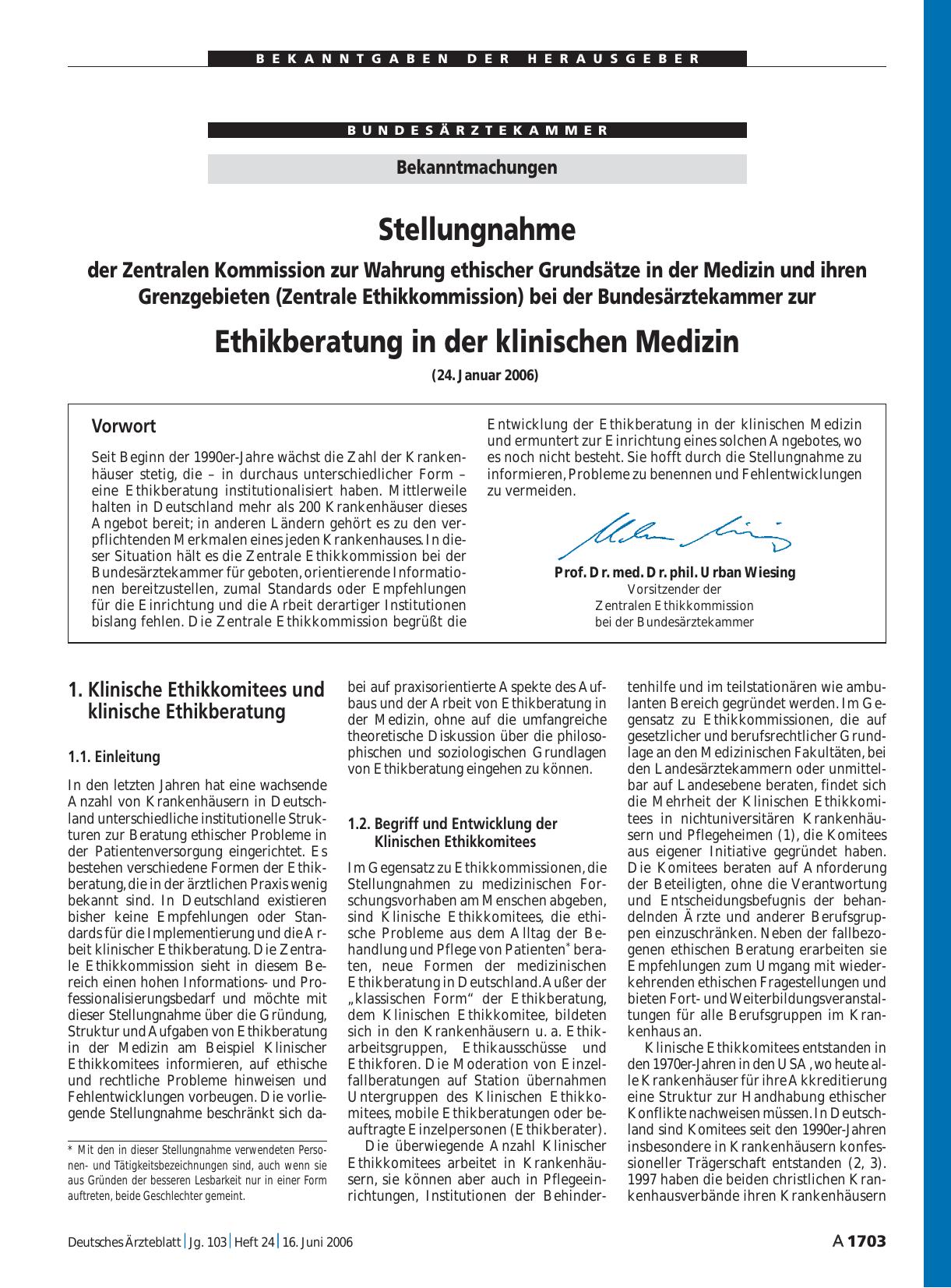 Vorschauseite 1: Bekanntmachungen: Stellungnahme der Zentralen Kommission zur Wahrung ethischer Grundsätze in der Medizin und ihren Grenzgebieten (Zentrale Ethikkommission) bei der Bundesärztekamm…