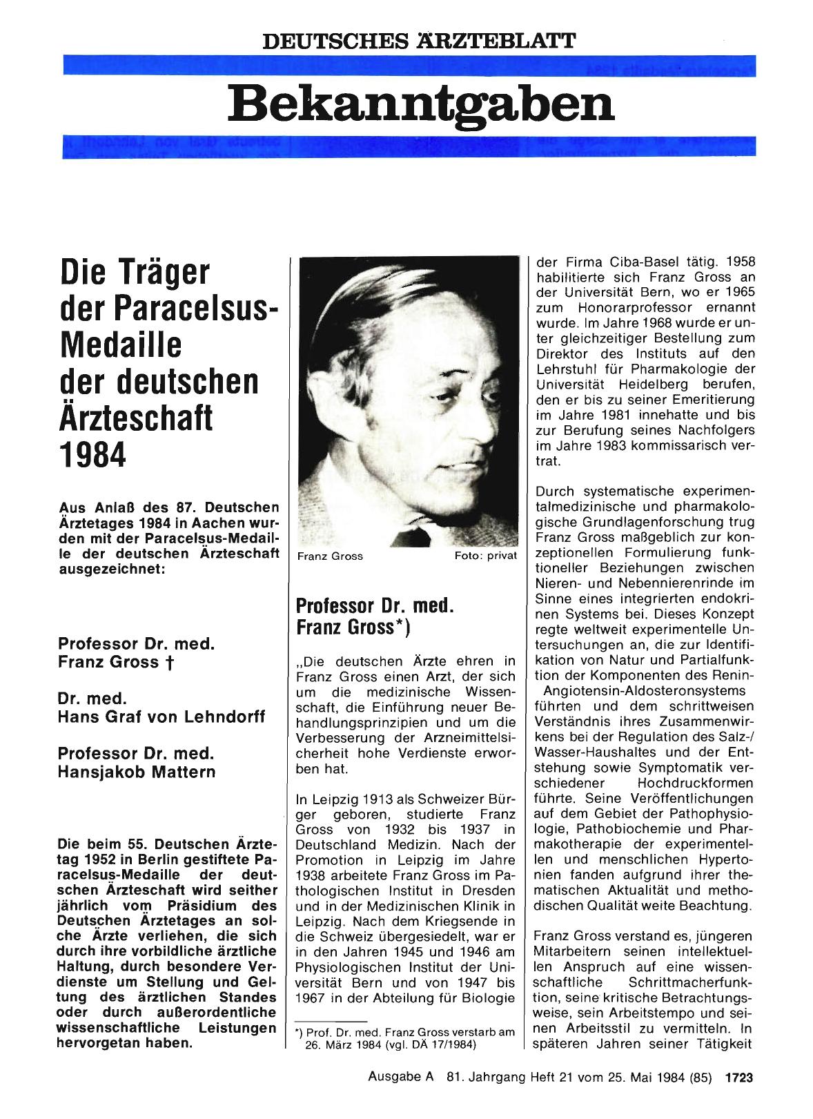 Vorschauseite 1: Die Träger der Paracelsus-Medaille der deutschen Ärzteschaft 1984