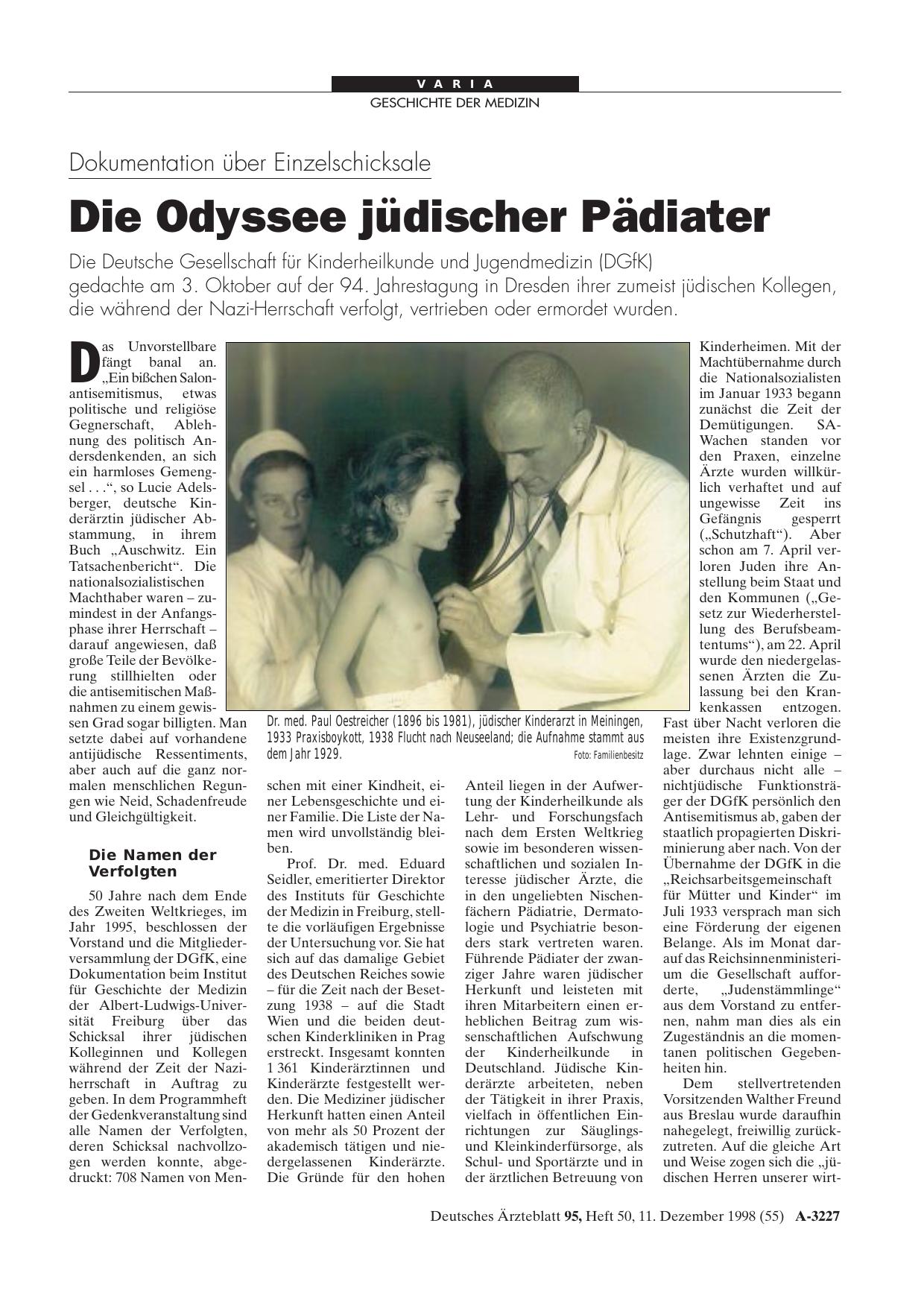 Vorschauseite 1: Dokumentation über Einzelschicksale: Die Odyssee jüdischer Pädiater