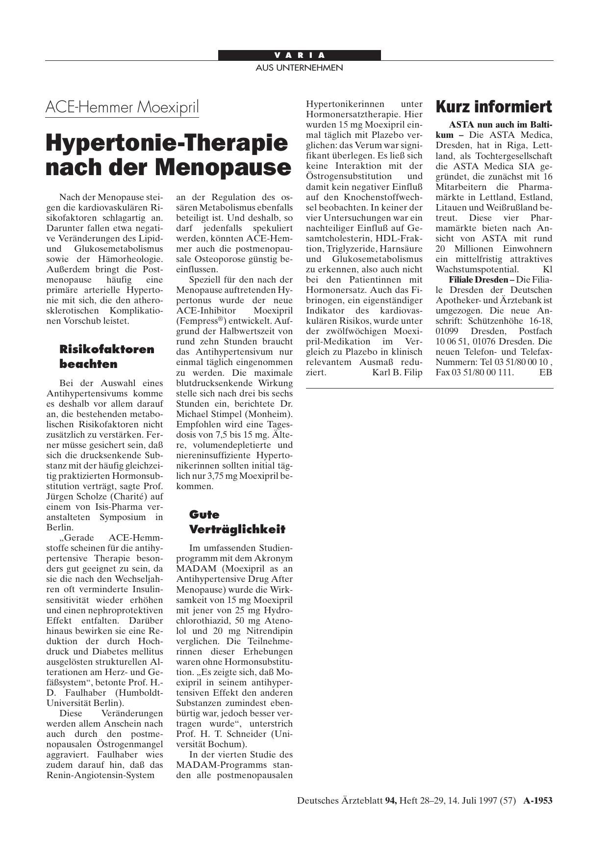 Vorschauseite 1: ACE-Hemmer Moexipril: Hypertonie-Therapie nach der Menopause