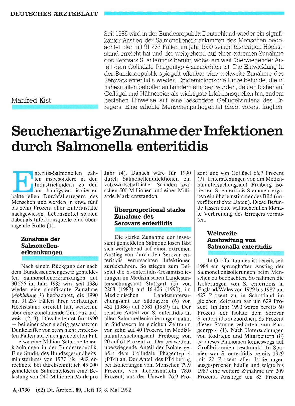 Vorschauseite 1: Seuchenartige Zunahme der Infektionen durch Salmonella enteritidis