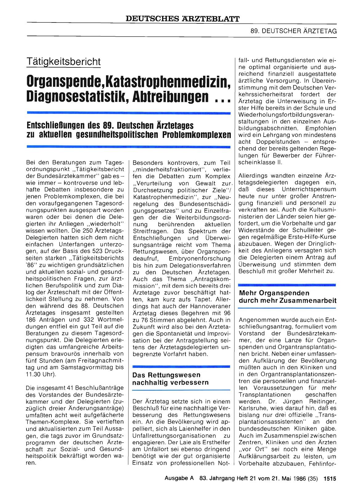 Vorschauseite 1: Tätigkeitsbericht: Organspende, Katastrophenmedizin, Diagnosestatistik, Abtreibungen. ..
