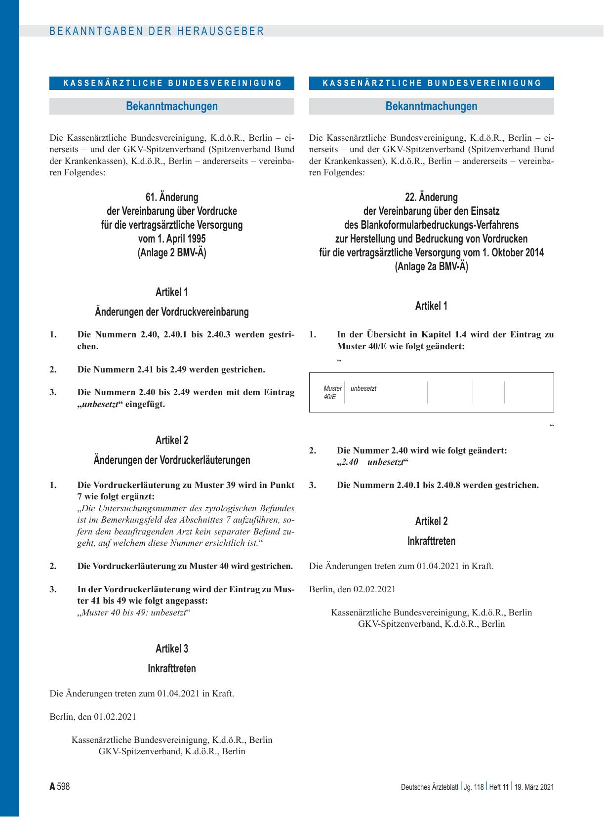 Vorschauseite 1: 61. Änderung der Vereinbarung über Vordrucke für die vertragsärztliche Versorgung vom 1. April 1995 (Anlage 2 BMV-Ä), 22. Änderung der Vereinbarung über den Einsatz des Blankoform…