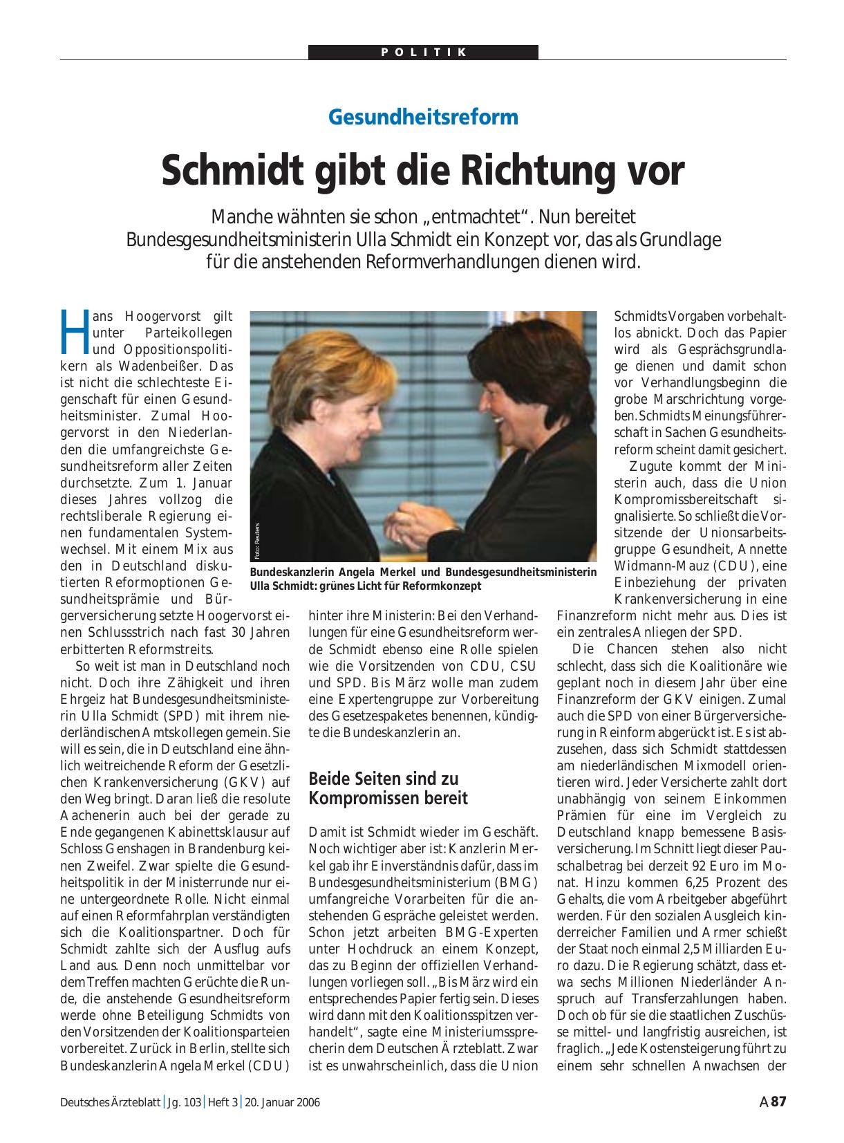 Vorschauseite 1: Gesundheitsreform: Schmidt gibt die Richtung vor