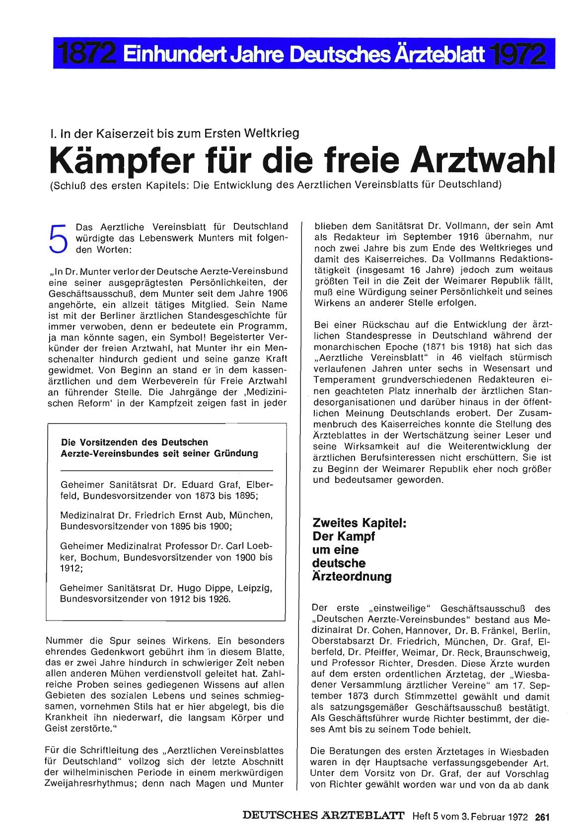 Vorschauseite 1: I. In der Kaiserzeit bis zum Ersten Weltkrieg: Kämpfer für die freie Arztwahl (Schluß des ersten Kapitels: Die Entwicklung des Aerztlichen Vereinsblatts für Deutschland)