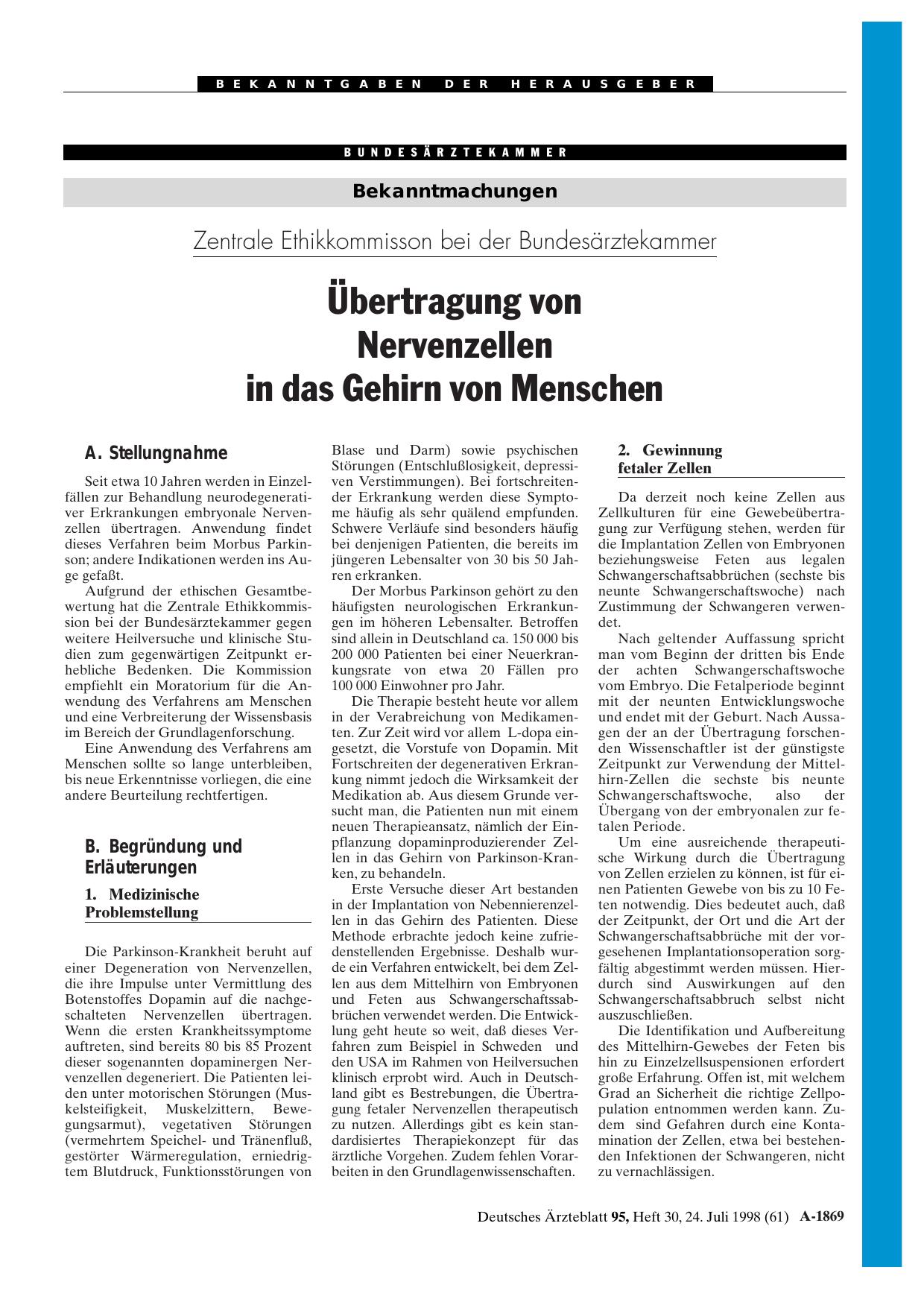Vorschauseite 1: Zentrale Ethikkommisson bei der Bundesärztekammer: Übertragung von Nervenzellen in das Gehirn von Menschen
