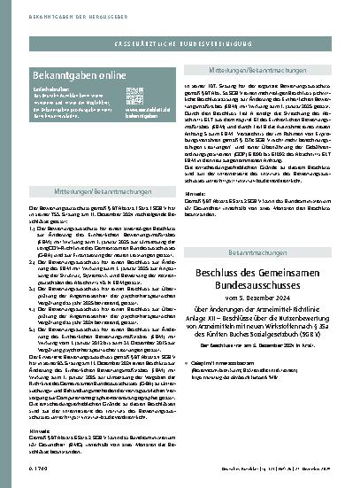 Vorschauseite 1: Beschluss des Bewertungsausschusses nach § 87 Abs. 1 Satz 1 SGB V in seiner 753. Sitzung am 11. Dezember 2024.