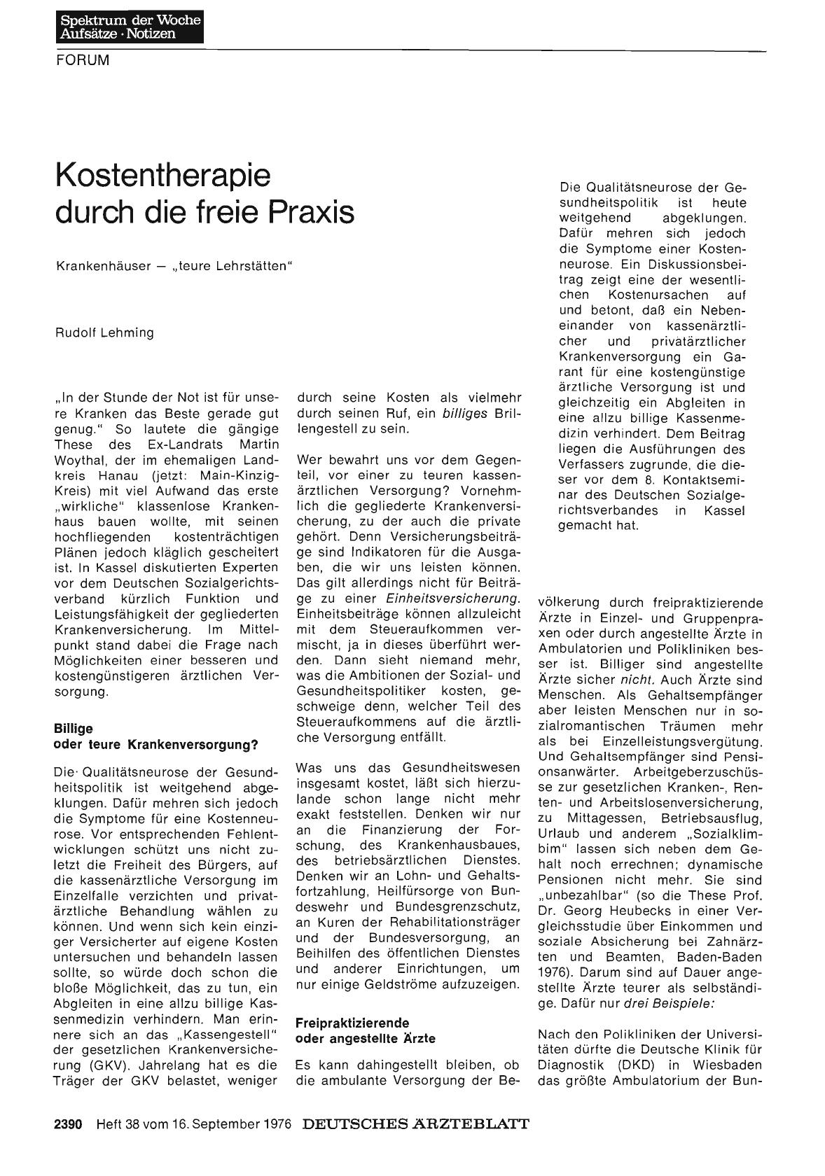 Vorschauseite 1: Kostentherapie durch die freie Praxis: Krankenhäuser — „teure Lehrstätten“