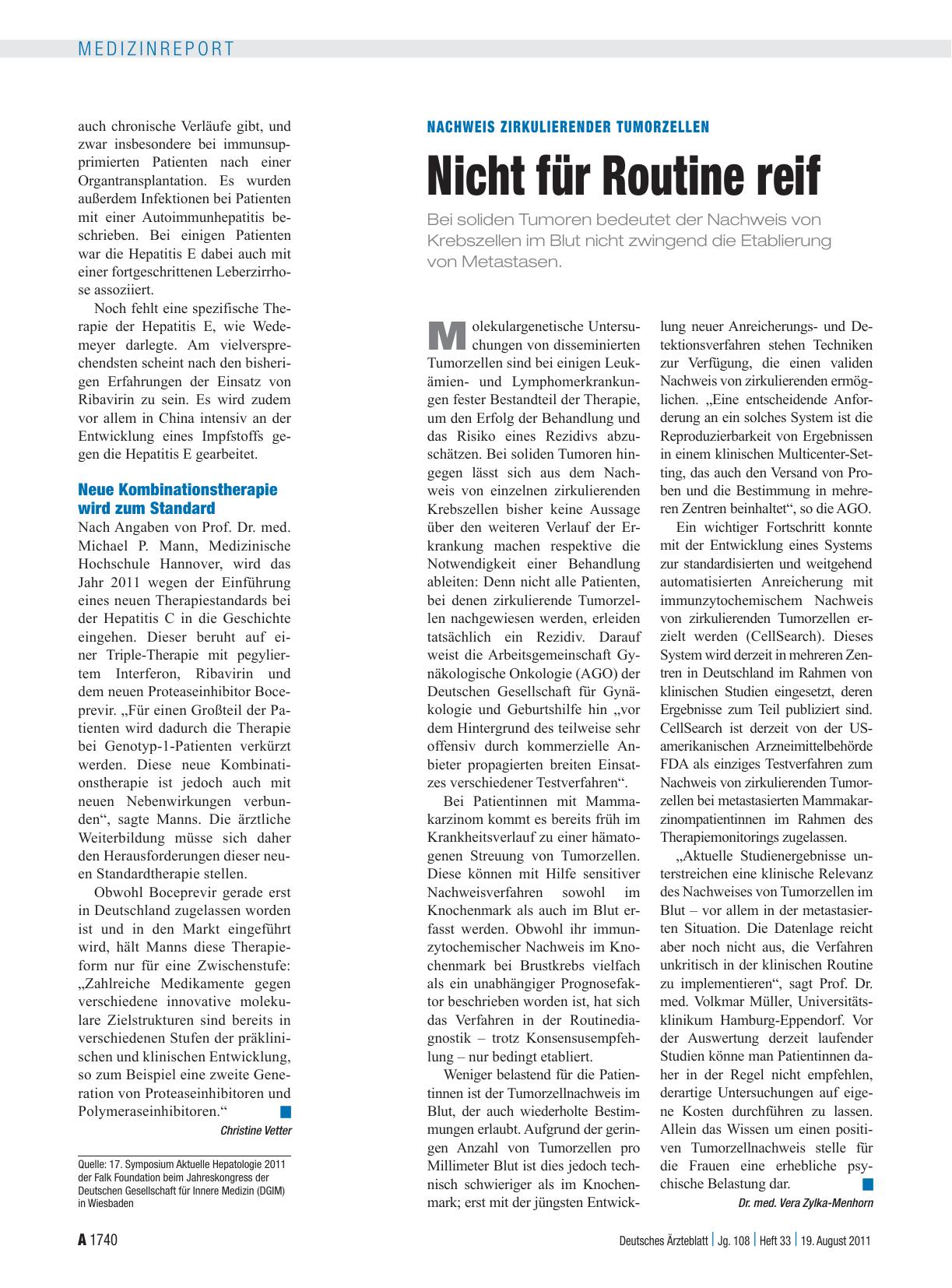 Vorschauseite 1: Nachweis zirkulierender Tumorzellen: Nicht für Routine reif