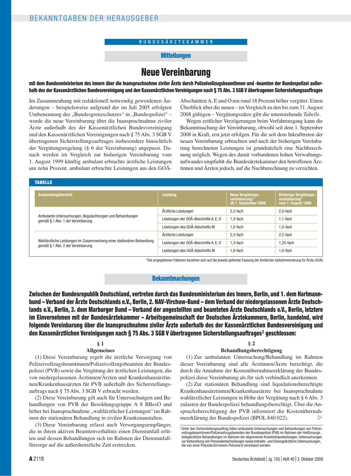 Vorschauseite 1: Zwischen der Bundesrepublik Deutschland. .. .. .wird folgende Vereinbarung über die Inanspruchnahme ziviler Ärzte außerhalb des der Kassenärztlichen Bundesvereinigung und den Kass…