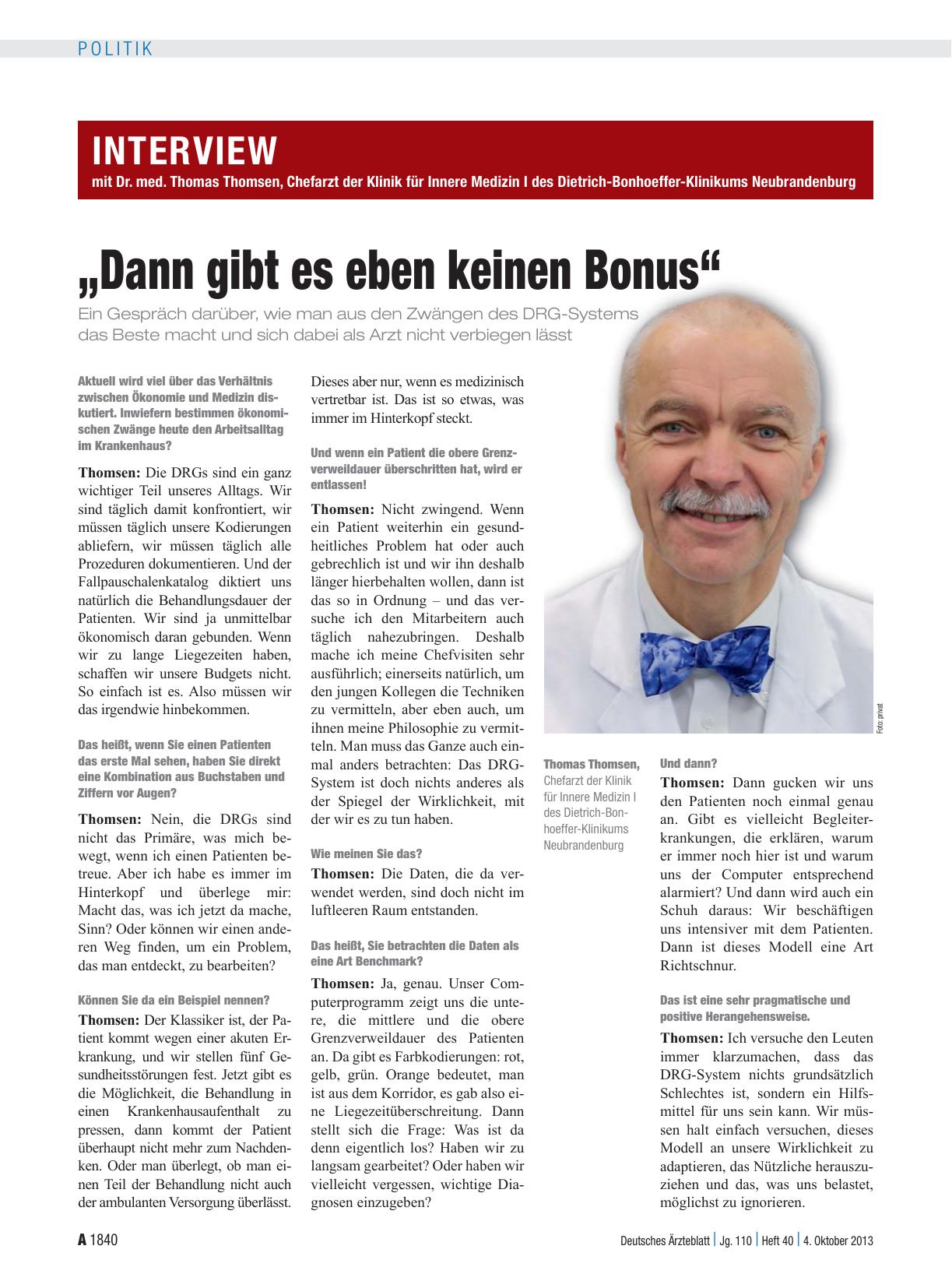 Vorschauseite 1: Interview mit Dr. med. Thomas Thomsen, Chefarzt der Klinik für Innere Medizin I des Dietrich-Bonhoeffer-Klinikums Neubrandenburg: „Dann gibt es eben keinen Bonus“