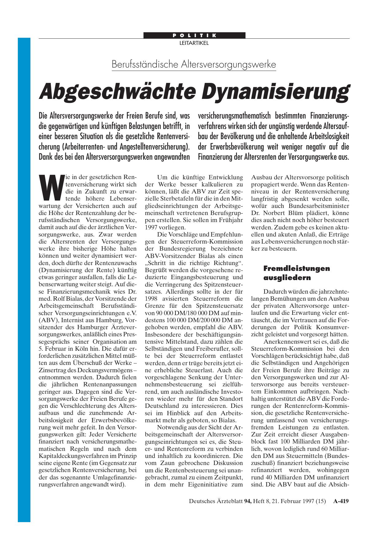 Vorschauseite 1: Berufsständische Altersversorgungswerke: Abgeschwächte Dynamisierung