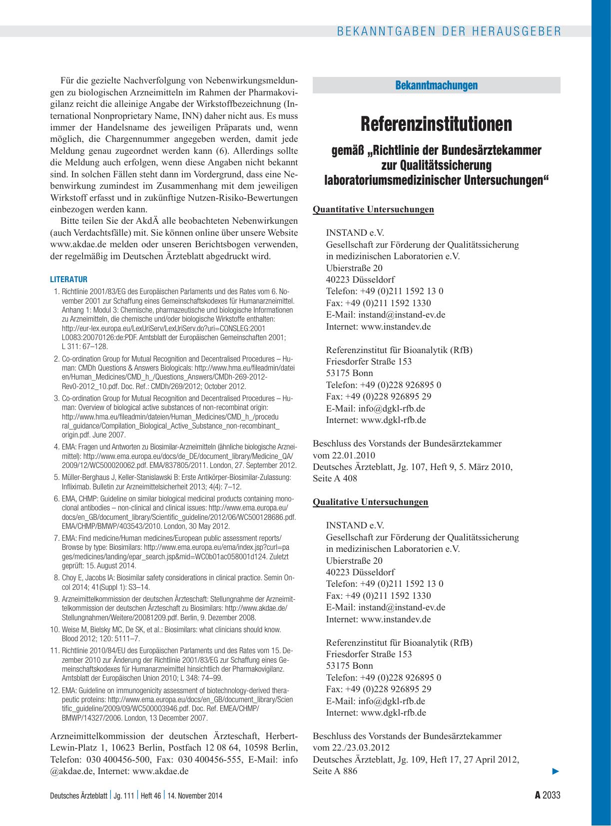 Vorschauseite 1: Referenzinstitutionen gemäß „Richtlinie der Bundesärztekammer zur Qualitätssicherung laboratoriumsmedizinischer Untersuchungen“