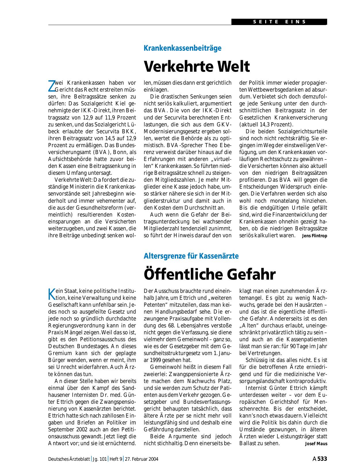Vorschauseite 1: Altersgrenze für Kassenärzte: Öffentliche Gefahr