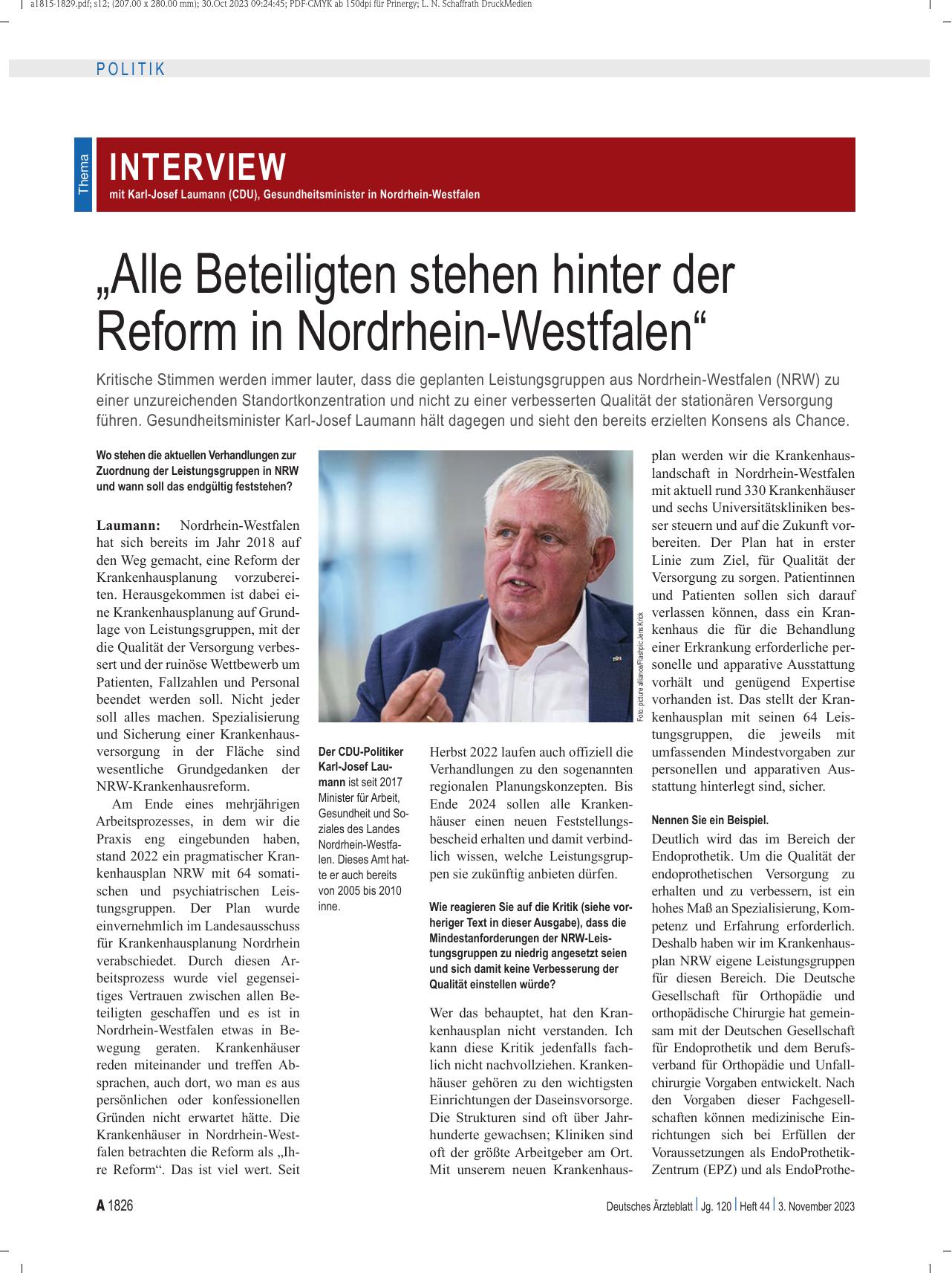 Vorschauseite 1: Interview mit Karl-Josef Laumann (CDU), Gesundheitsminister in Nordrhein-Westfalen: „Alle Beteiligten stehen hinter der Reform in Nordrhein-Westfalen“