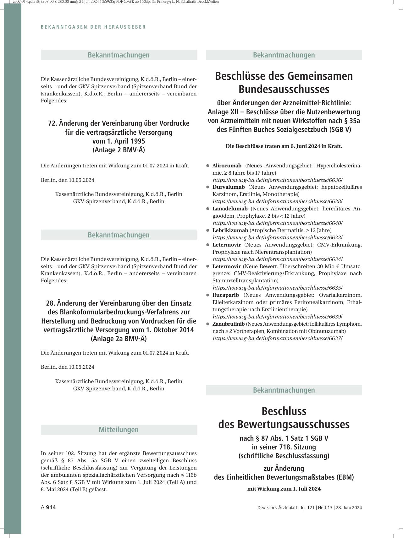Vorschauseite 1: 72. Änderung der Vereinbarung über Vordrucke für die vertragsärztliche Versorgung vom 1. April 1995 (Anlage 2 BMV-Ä)