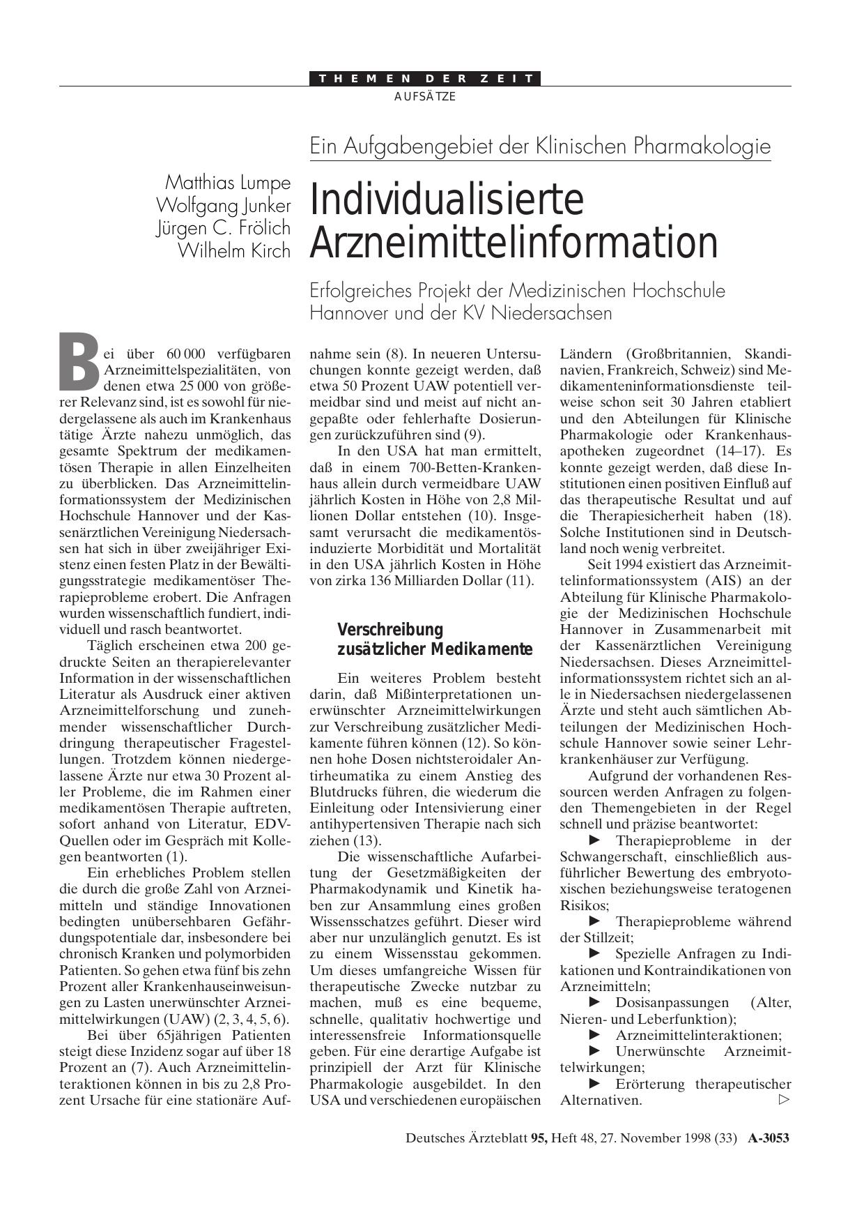 Vorschauseite 1: Ein Aufgabengebiet der Klinischen Pharmakologie: Individualisierte Arzneimittelinformation