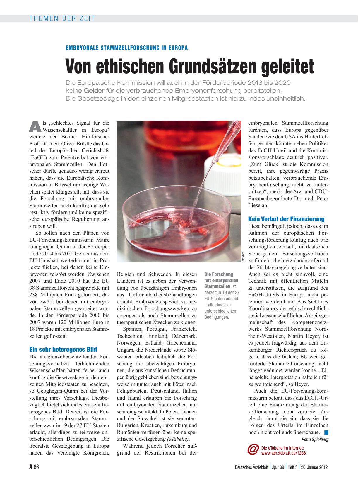 Vorschauseite 1: Embryonale Stammzellforschung in Europa: Von ethischen Grundsätzen geleitet