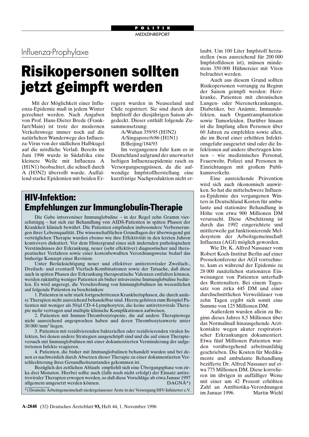 Vorschauseite 1: HIV-Infektion: Empfehlungen zur Immunglobulin-Therapie