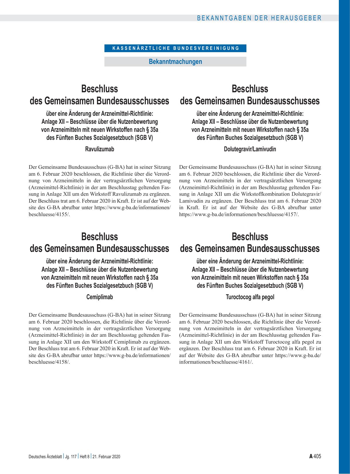 Vorschauseite 1: Beschluss des Gemeinsamen Bundesausschusses über eine Änderung der Arzneimittel-Richtlinie: Anlage XII – Ravulizumab
