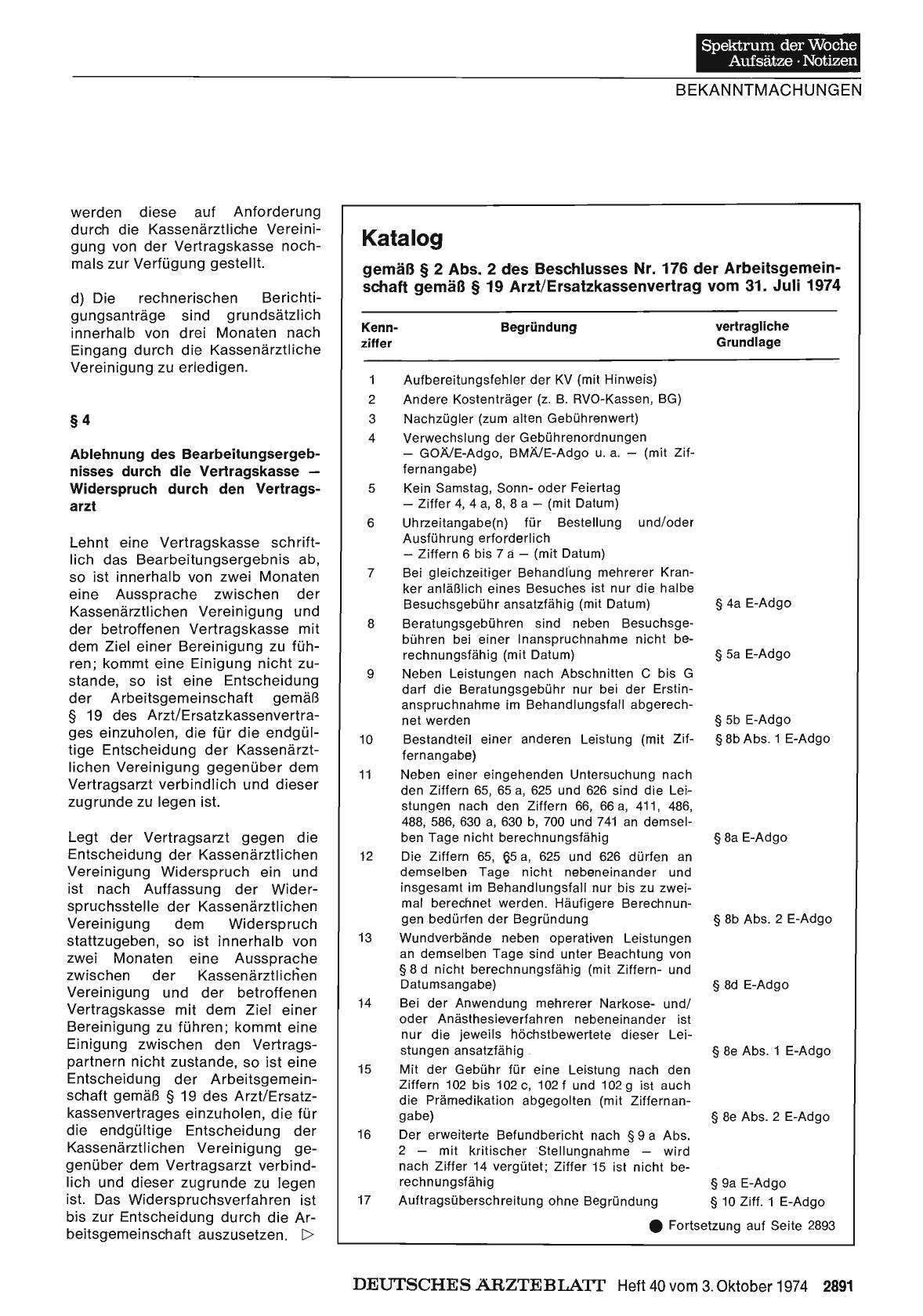Vorschauseite 1: Katalog gemäß § 2 Abs. 2 des Beschlusses Nr. 176 der Arbeitsgemeinschaft gemäß § 19 Arzt/Ersatzkassenvertrag vom 31. Juli 1974
