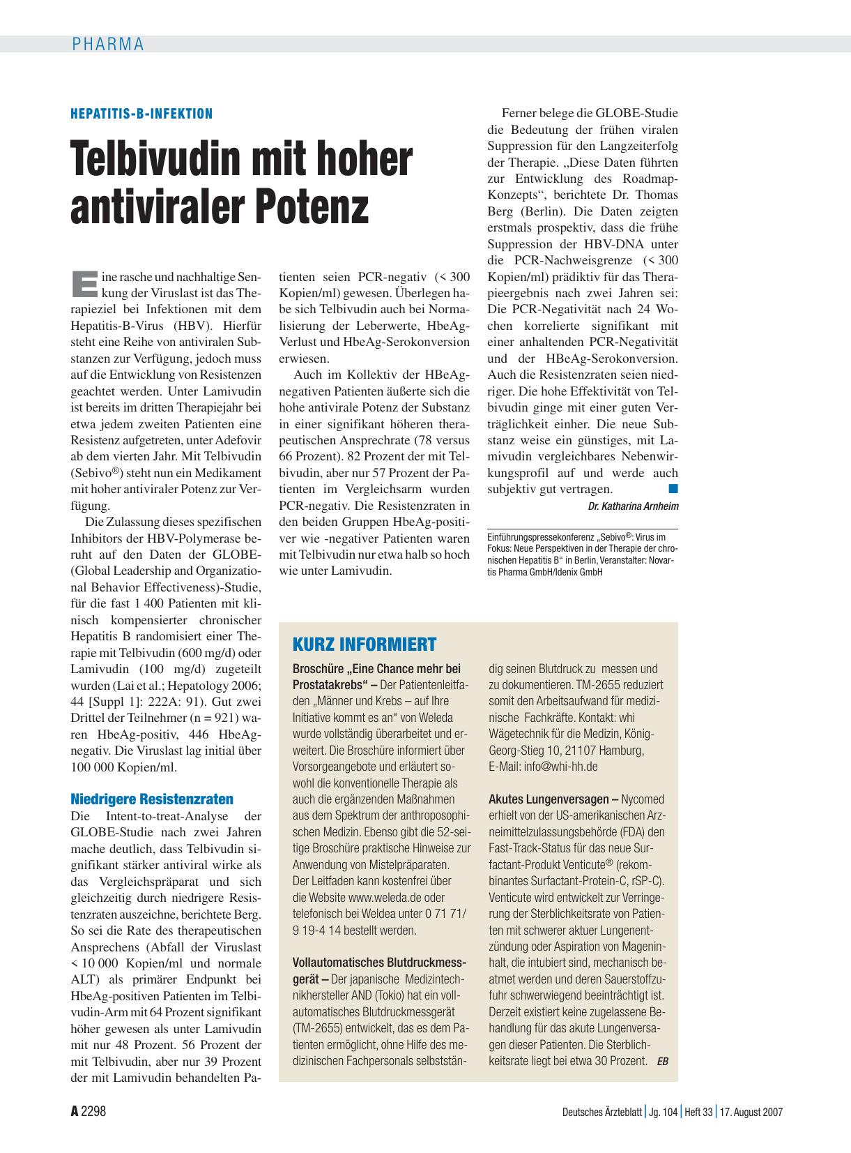 Vorschauseite 1: Hepatitis-B-Infektion: Telbivudin mit hoher antiviraler Potenz