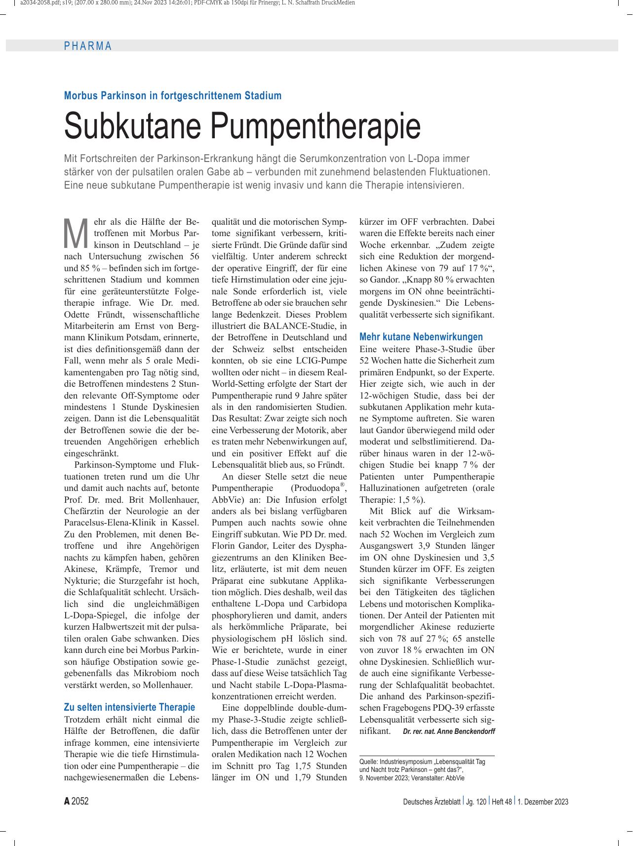 Vorschauseite 1: Morbus Parkinson im fortgeschrittenen Stadium: Subkutane Pumpentherapie