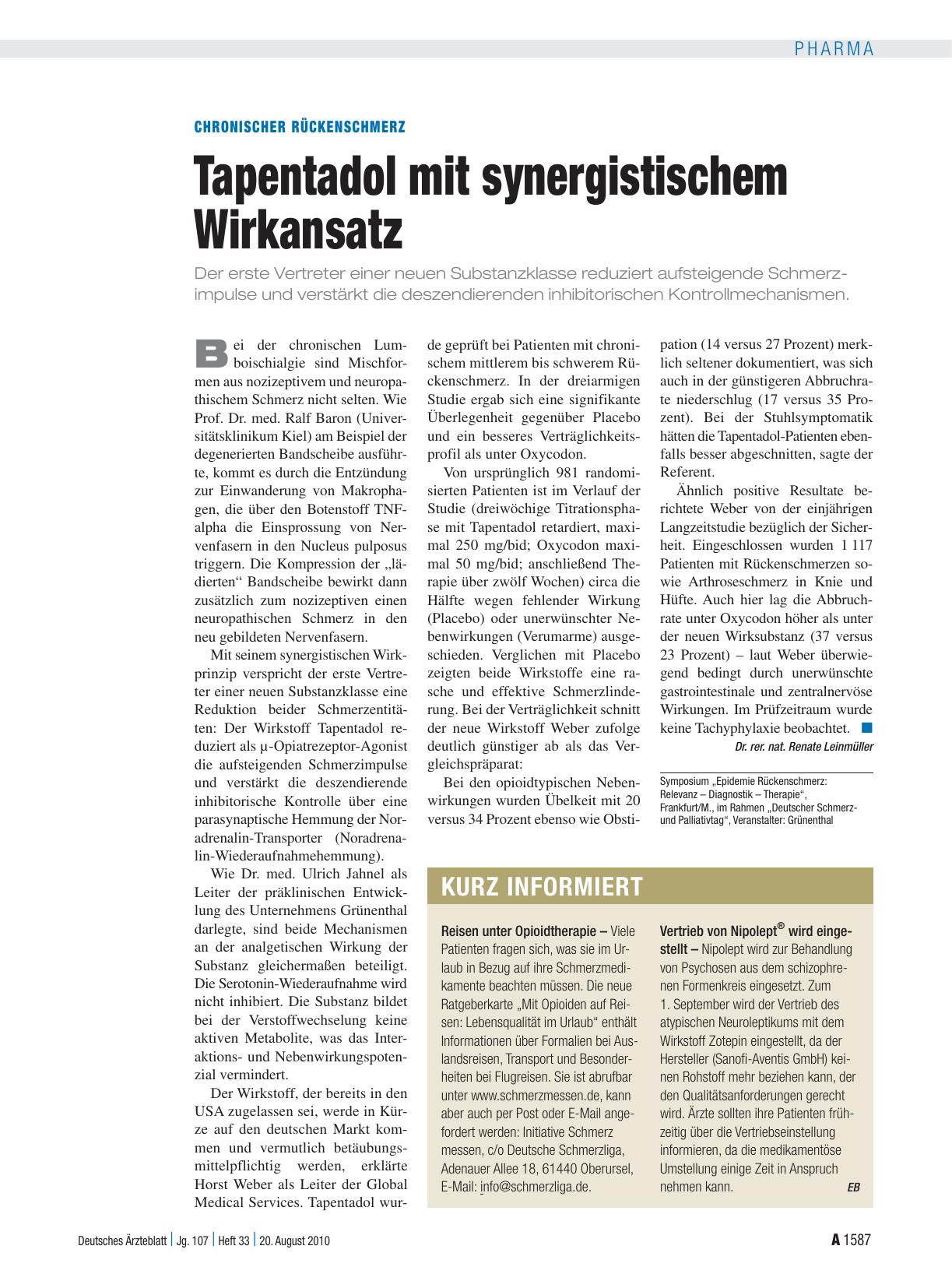 Vorschauseite 1: Chronischer Rückenschmerz: Tapentadol mit synergistischem Wirkansatz