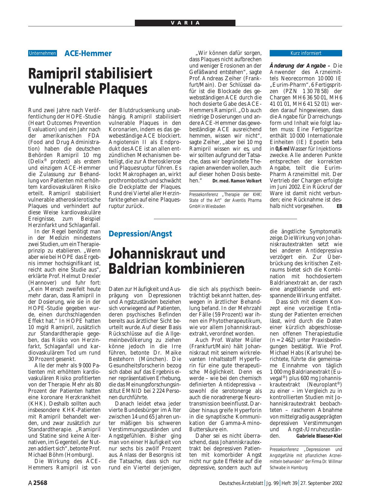Vorschauseite 1: ACE-Hemmer: Ramipril stabilisiert vulnerable Plaques