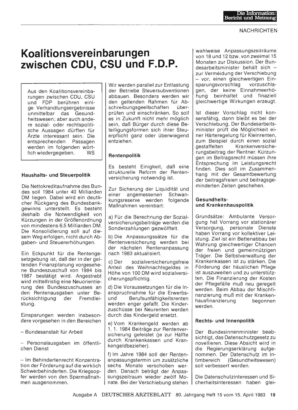 Vorschauseite 1: Koalitionsvereinbarungen zwischen CDU, CSU und F. D. P.