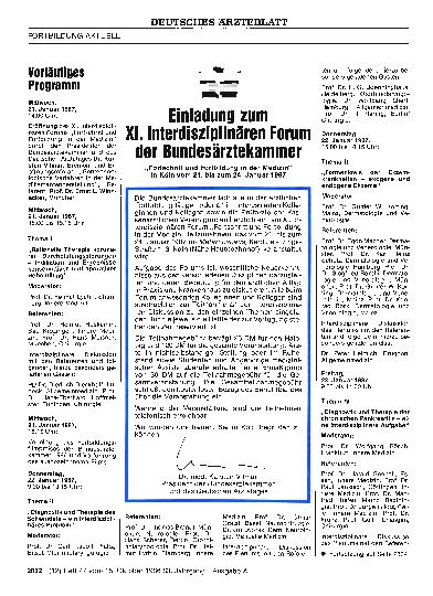 Vorschauseite 1: Einladung zum XI. Interdisziplinären Forum der Bundesärztekammer „Fortschritt und Fortbildung in der Medizin“ in Köln vom 21. bis zum 24. Januar 1987
