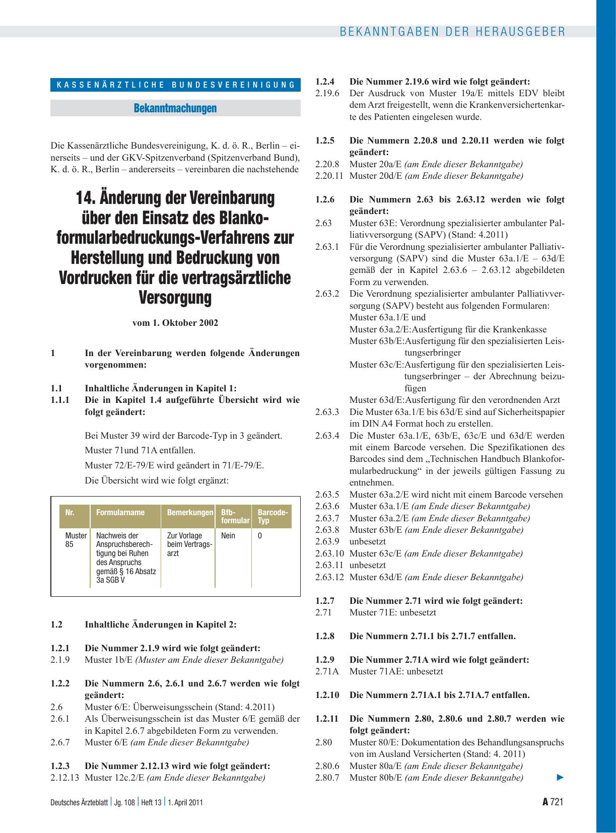 Vorschauseite 1: 14. Änderung der Vereinbarung über den Einsatz des Blankoformularbedruckungs-Verfahrens zur Herstellung und Bedruckung von Vordrucken für die vertragsärztliche Versorgung