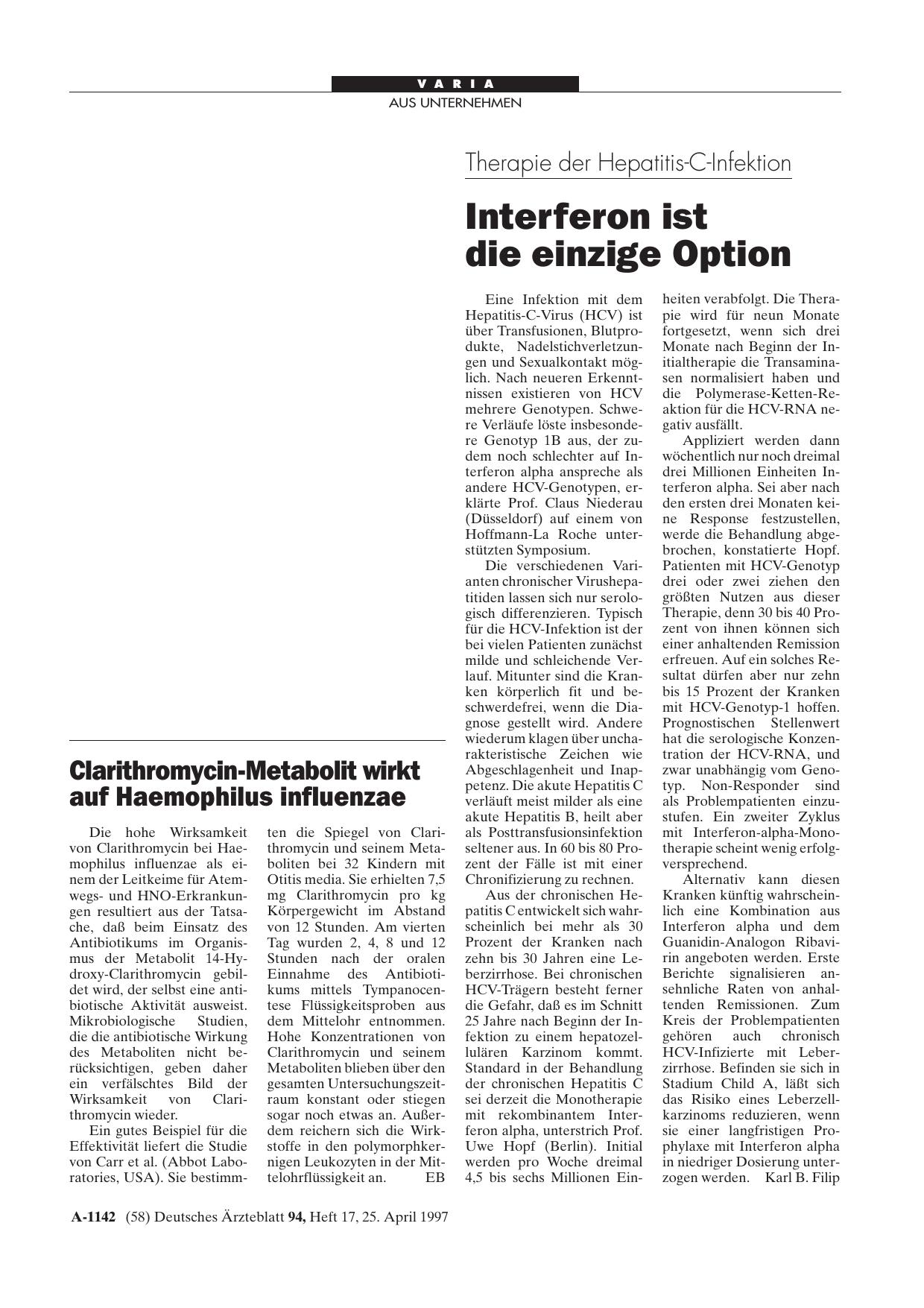 Vorschauseite 1: Therapie der Hepatitis-C-Infektion: Interferon ist die einzige Option