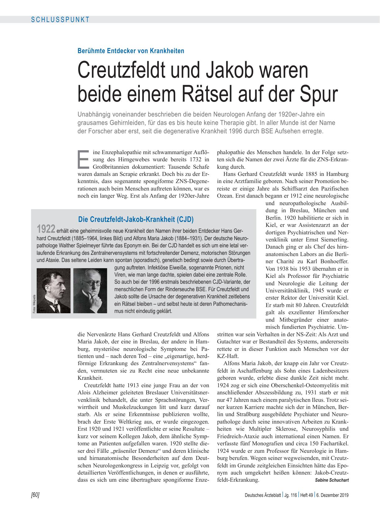 Vorschauseite 1: Berühmte Entdecker von Krankheiten: Creutzfeldt und Jakob waren beide einem Rätsel auf der Spur