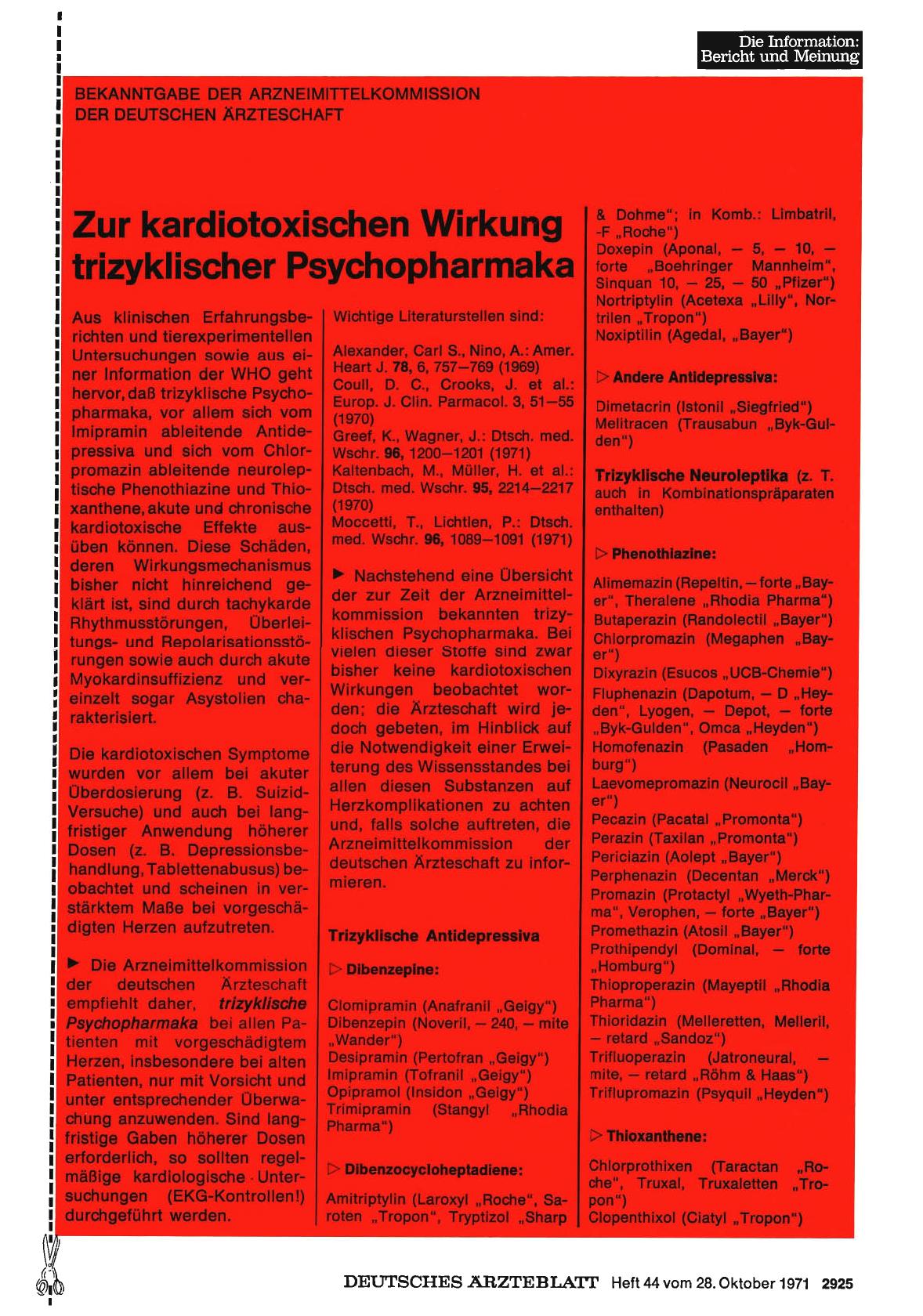 Vorschauseite 1: Bekanntgabe der Arzneimittelkommission der deutschen Ärzteschaft: Zur kardiotoxischen Wirkung trizyklischer Psychopharmaka