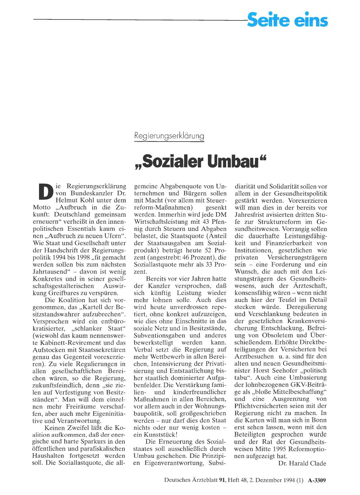 Vorschauseite 1: Regierungserklärung: „Sozialer Umbau“