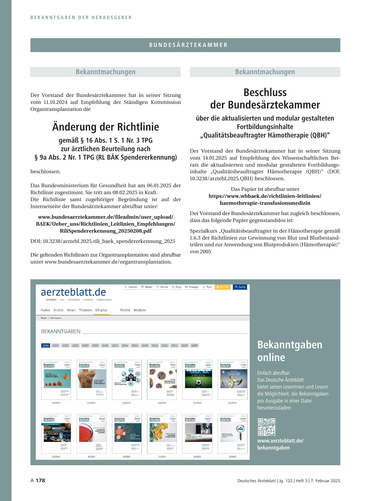 Vorschauseite 1: Änderung der Richtlinie gemäß § 16 Abs. 1 S. 1 Nr. 3 TPG zur ärztlichen Beurteilung nach § 9a Abs. 2 Nr. 1 TPG (RL BÄK Spendererkennung)