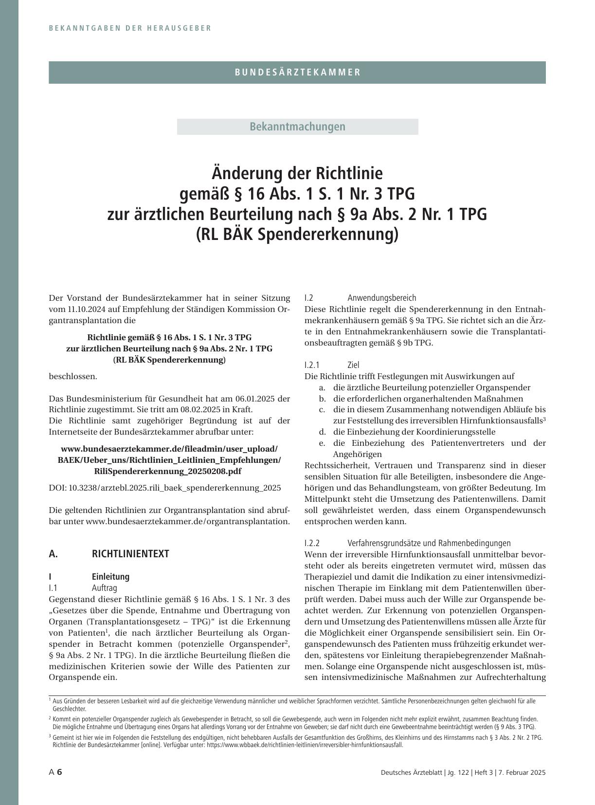 Vorschauseite 2: Änderung der Richtlinie gemäß § 16 Abs. 1 S. 1 Nr. 3 TPG zur ärztlichen Beurteilung nach § 9a Abs. 2 Nr. 1 TPG (RL BÄK Spendererkennung)