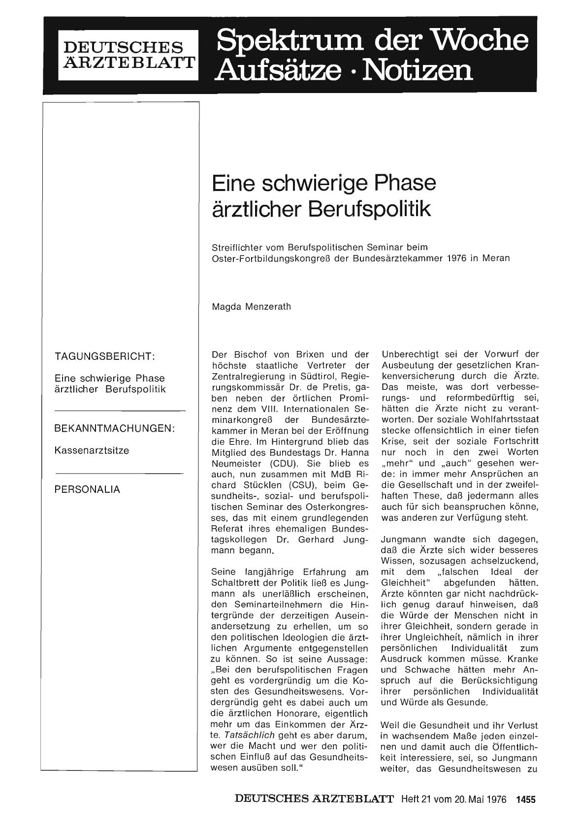Vorschauseite 1: Eine schwierige Phase ärztlicher Berufspolitik