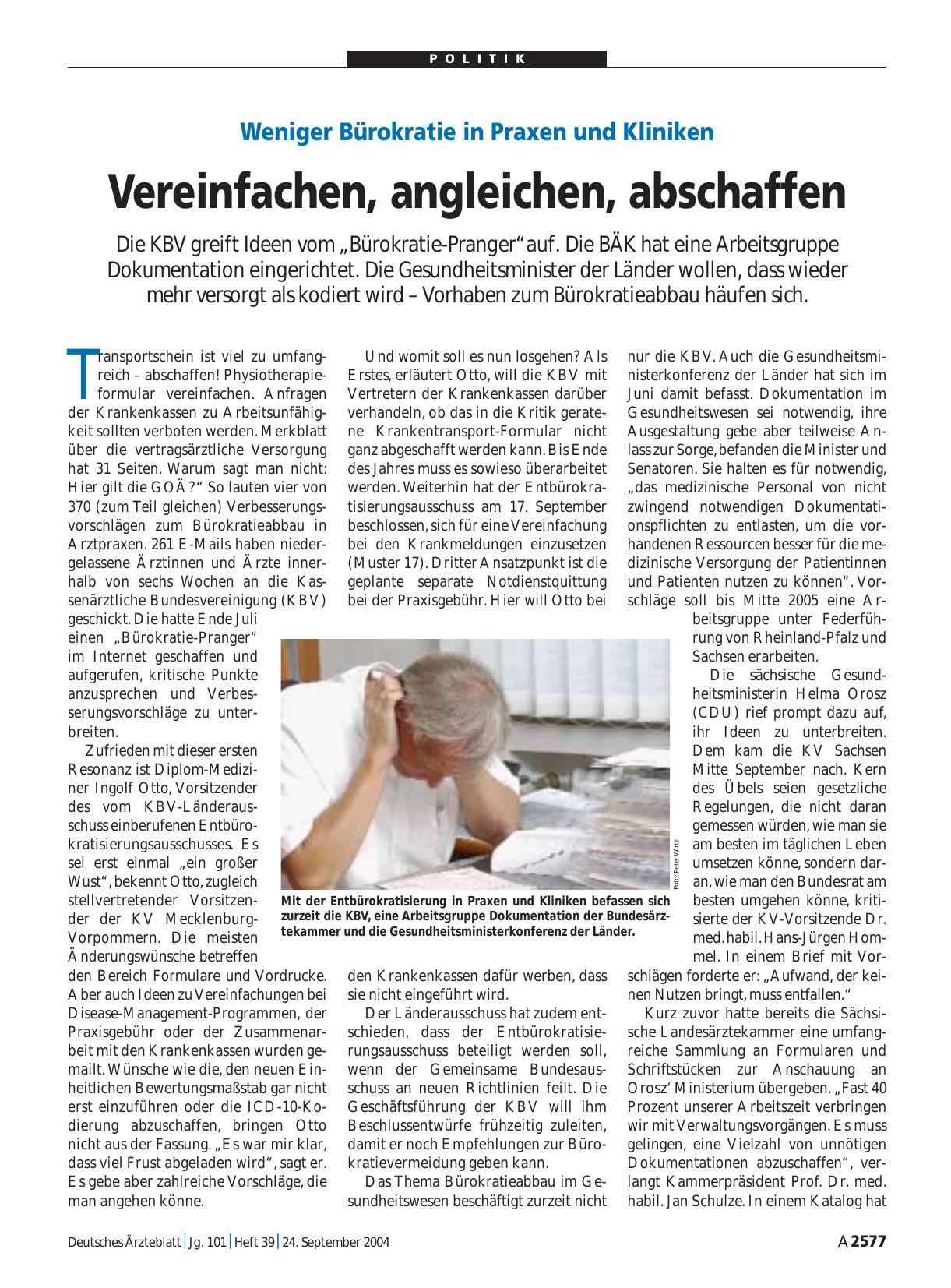 Vorschauseite 1: Weniger Bürokratie in Praxen und Kliniken: Vereinfachen, angleichen, abschaffen
