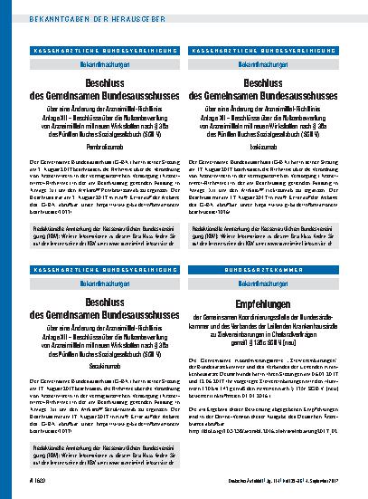 Vorschauseite 1: Beschluss des Gemeinsamen Bundesausschusses über eine Änderung der Arzneimittel-Richtlinie: Anlage XII – Beschlüsse über die Nutzenbewertung von Arzneimitteln mit neuen Wirkstoffe…