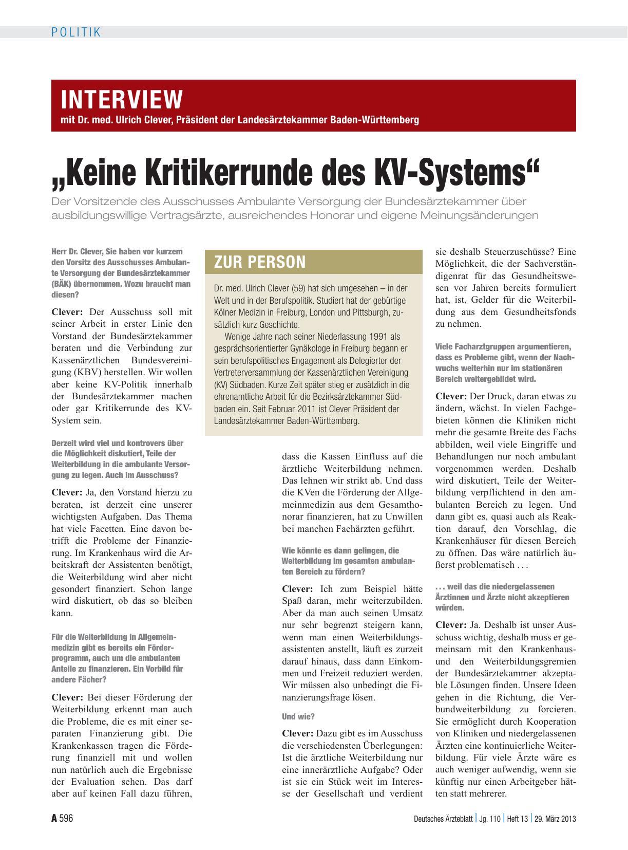 Vorschauseite 1: Interview mit Dr. med. Ulrich Clever, Präsident der Landesärztekammer Baden-Württemberg: „Keine Kritikerrunde des KV-Systems“