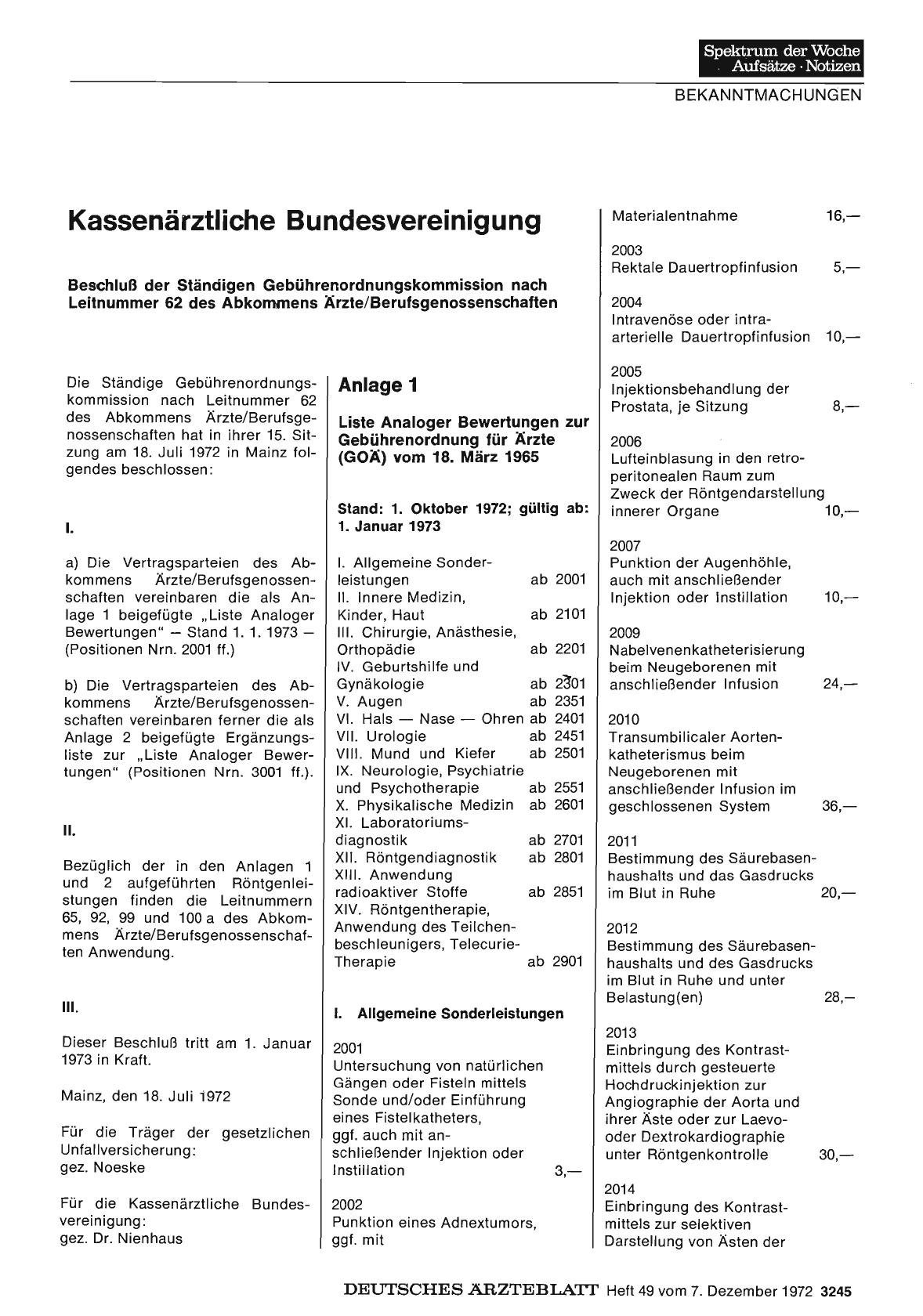 Vorschauseite 1: Kassenärztliche Bundesvereinigung: Beschluß der Ständigen Gebührenordnungskommission nach Leitnummer 62 des Abkommens Ärzte/Berufsgenossenschaften
