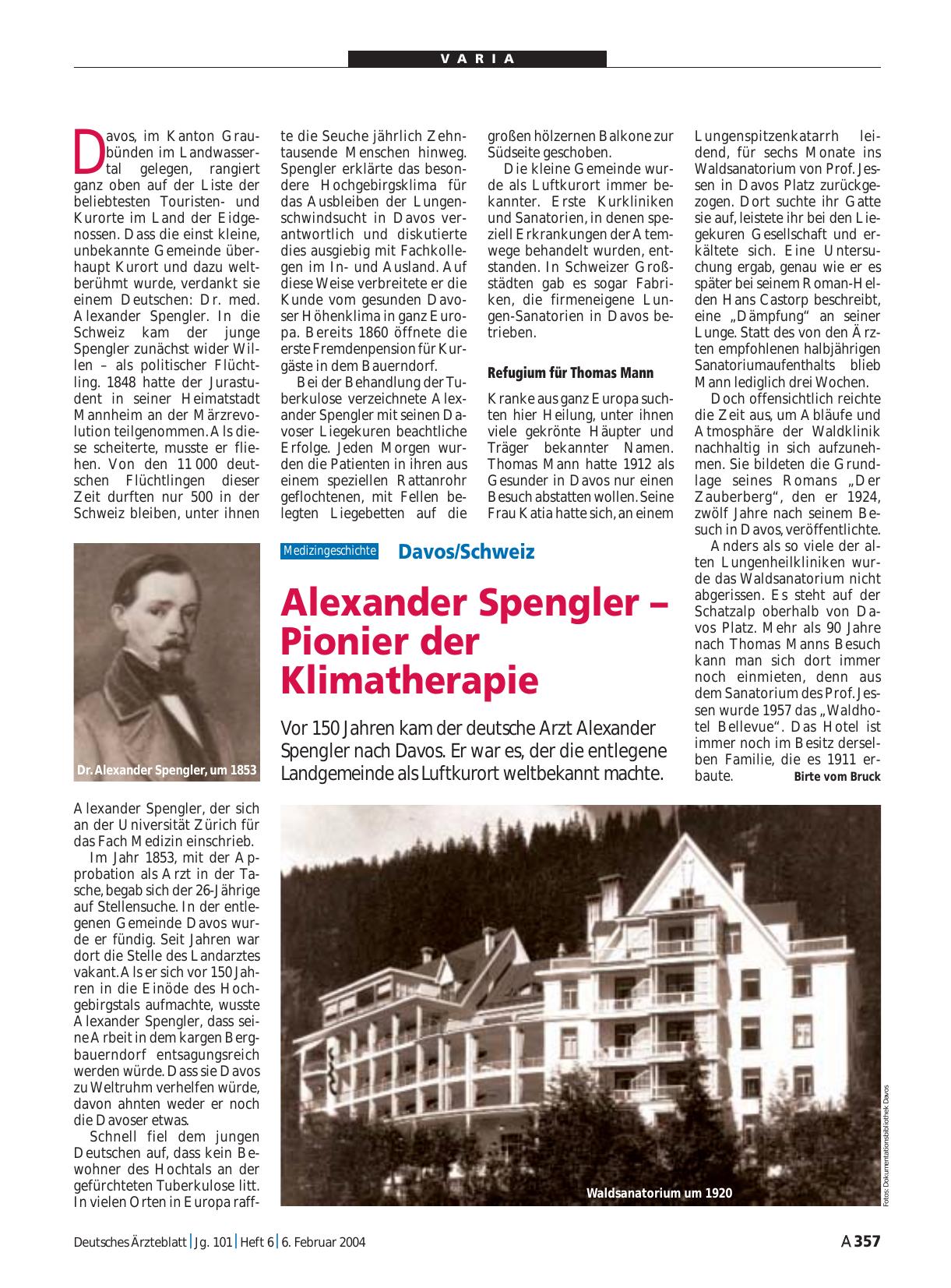 Vorschauseite 1: Davos/Schweiz: Alexander Spengler – Pionier der Klimatherapie