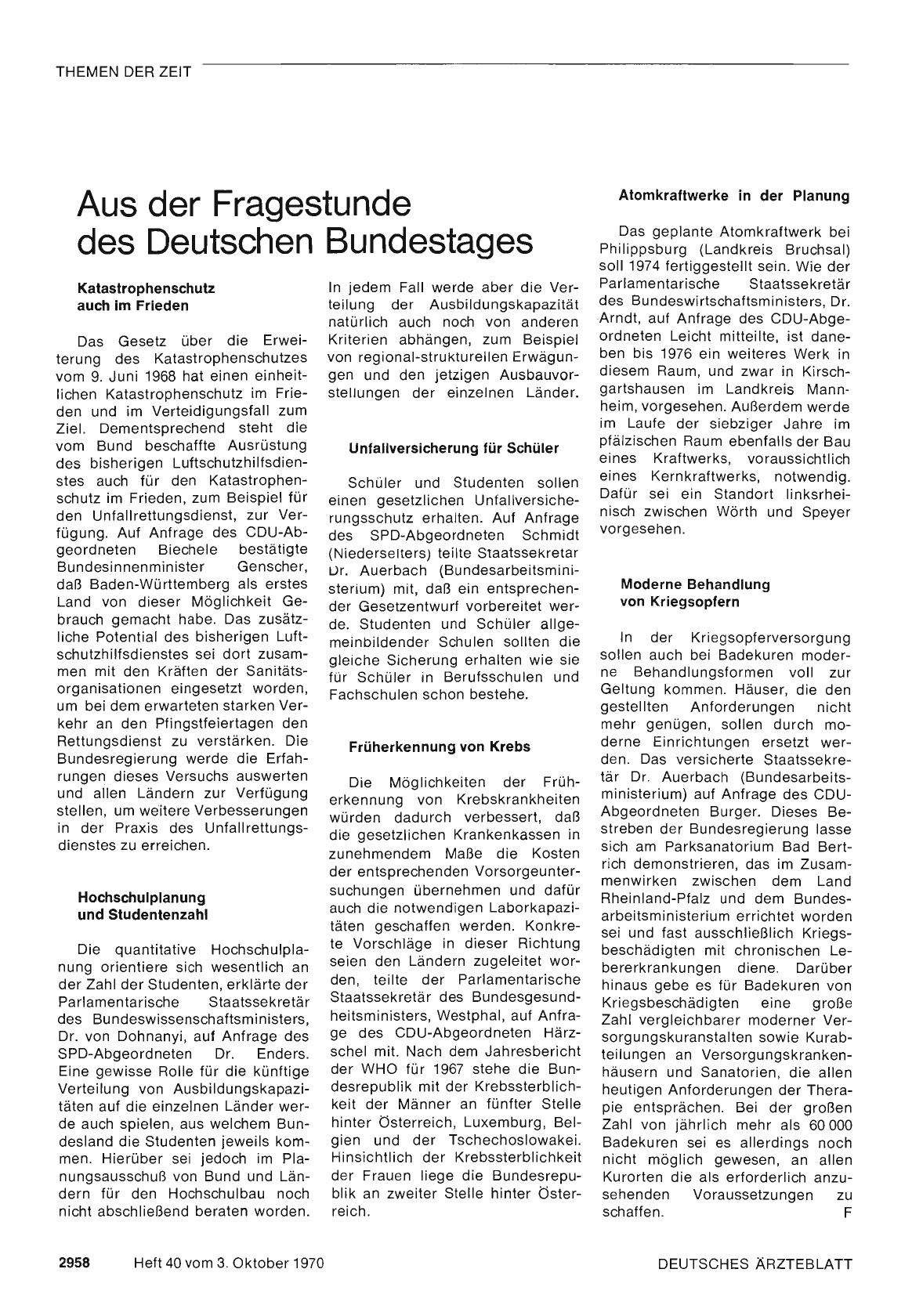 Vorschauseite 1: Aus der Fragestunde des Deutschen Bundestages