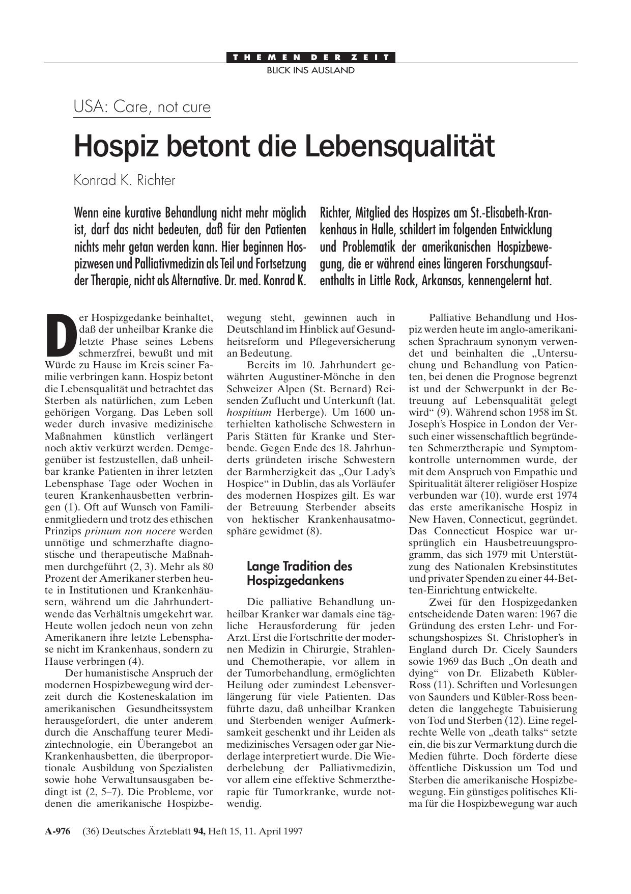 Vorschauseite 1: USA – Care, not cure: Hospiz betont die Lebensqualität