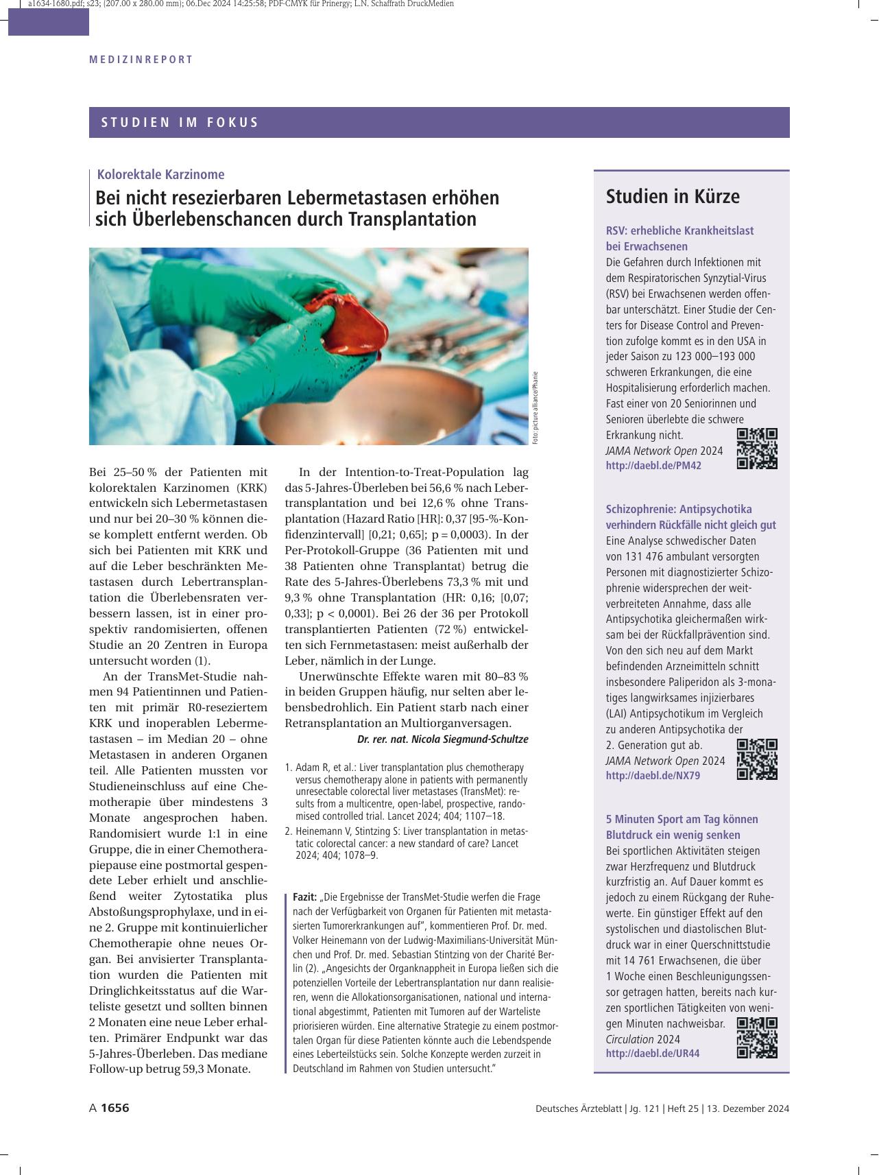 Vorschauseite 1: Kolorektale Karzinome: Bei nicht resezierbaren Lebermetastasen erhöhen sich Überlebenschancen durch Transplantation.