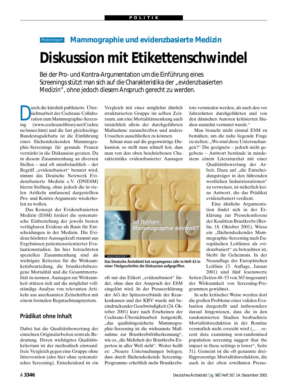 Vorschauseite 1: Mammographie und evidenzbasierte Medizin: Diskussion mit Etikettenschwindel